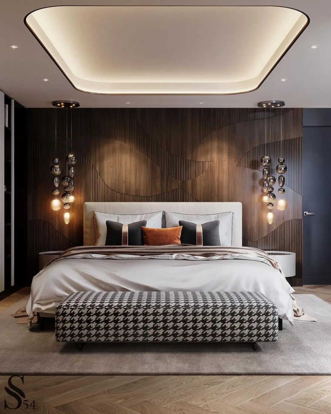 chambre design décorée d'un luminaire organique qui décore et illumine